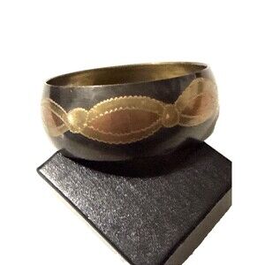 Vintage Tri-Tone Brass Wide Bangle Bracelet Black Gold Copper Etched India 9"